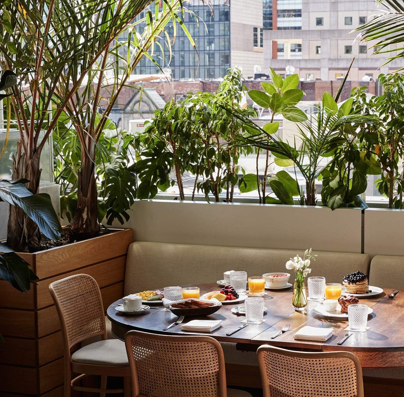 An outdoor dining space with a table featuring an array of dishes and drinks, with plants and views over the city at Marcus, a restaurant in Montreal