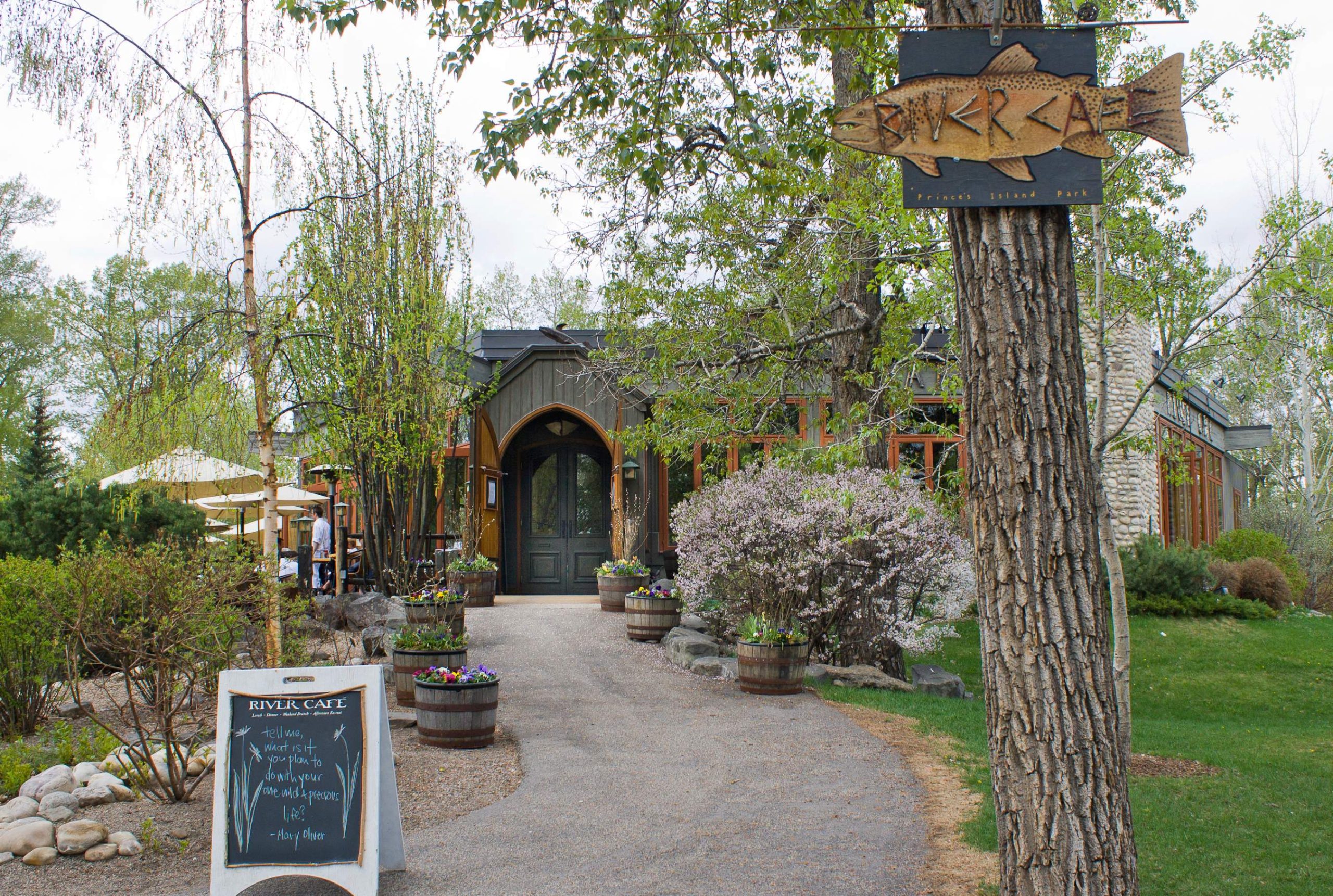 The entrance of a restaurant surrounded by nature, with trees and bushes