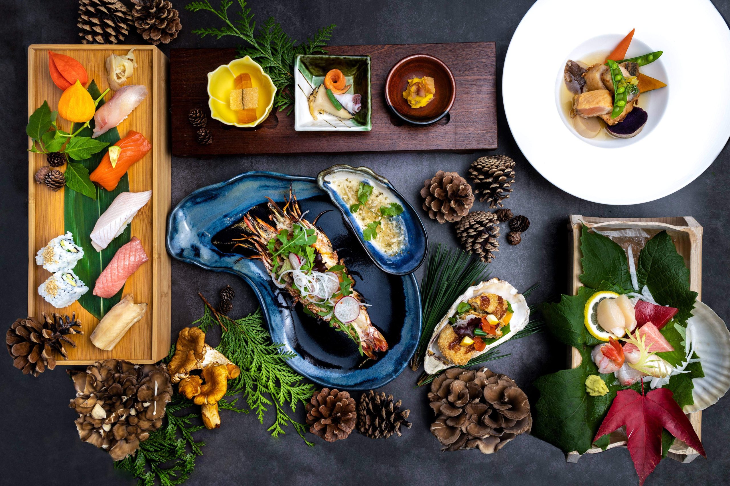 An array of colourful Japanese dishes featuring sushi, sashimi, colourful salads and seafood platters, at Tojo's, a restaurant in Toronto