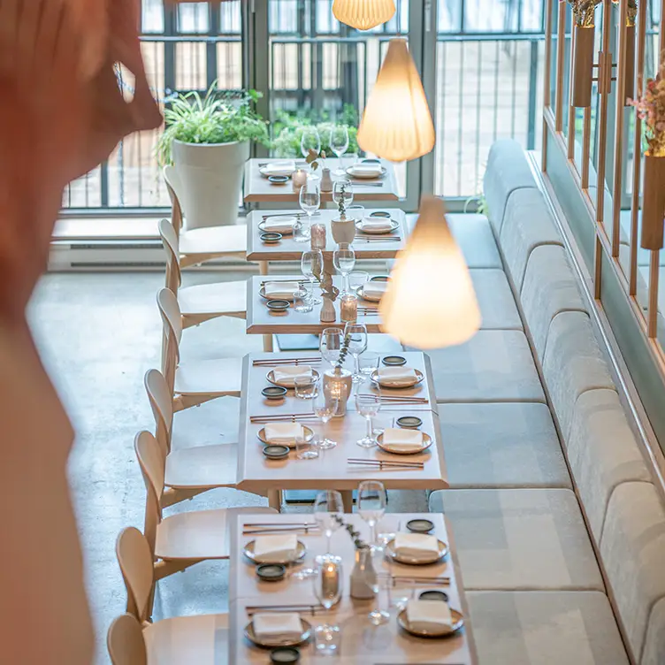 Une vue en hauteur d’une rangée de tables avec un mur de miroirs sur la droite, des plantes en arrière près d’une fenêtre et des lampes pendantes au-dessus de chez Bloom Sushi, l’un des meilleurs restaurants végans de Montréal.