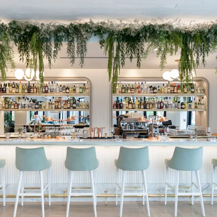 Un bar avec de nombreuses bouteilles d’alcool en face de chaises modernes blanches sous un rideau de plantes et de fleurs de chez LOV McGill, l’un des meilleurs restaurants végans de Montréal.