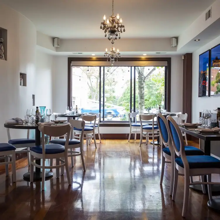 The official blue and white colors of Greece in the dining room at Meza Resto Bar, one of Greektown Toronto’s best restaurants in Etobicoke.