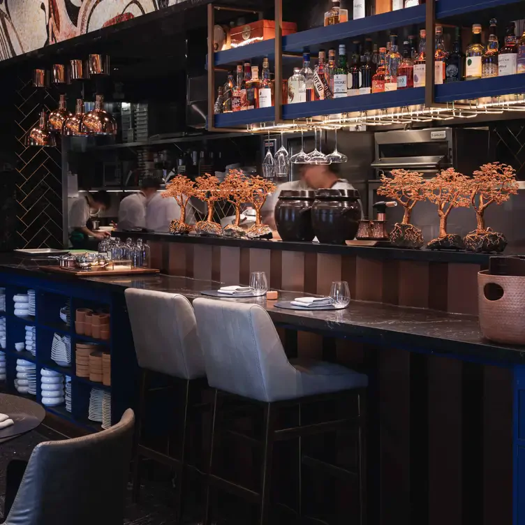 The bar gives you a clear view of the open kitchen at Enigma Yorkville.