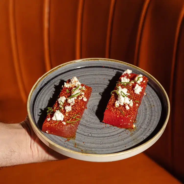 Compressed watermelon with cheese and mint at the Flamingo room, possibly the best new restaurant in Vancouver 2024.