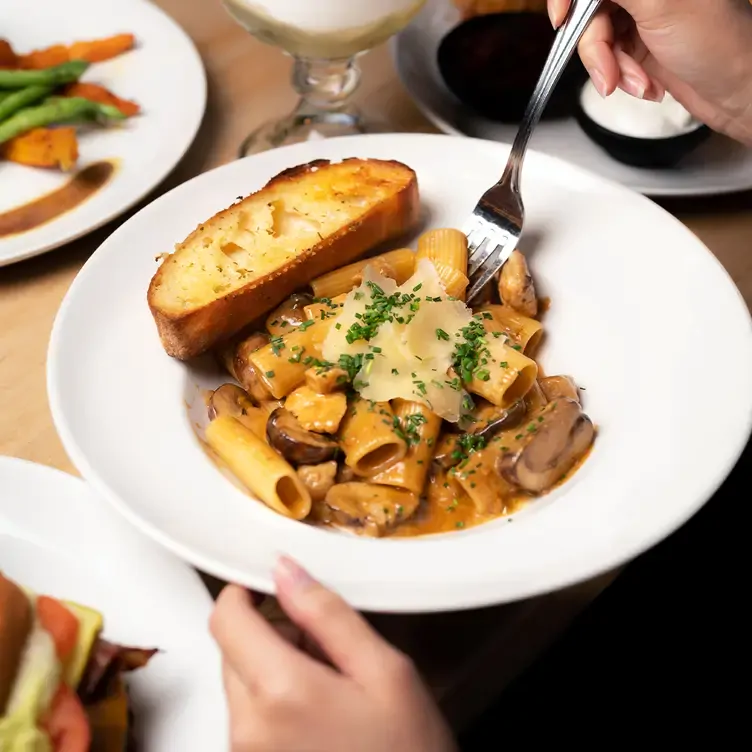 Mushroom chicken rigatoni at Moxies, one of the best family restaurants in Calgary.