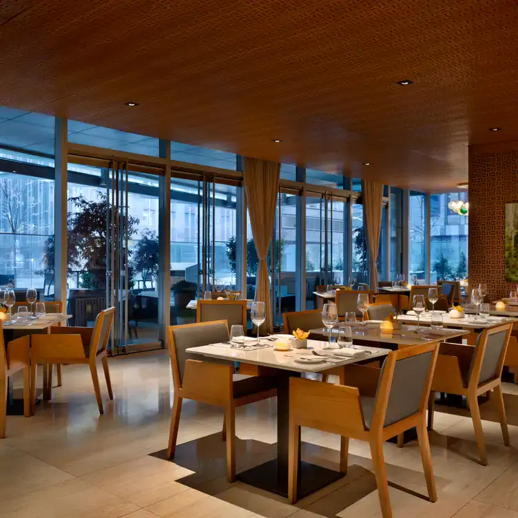 View of the patio seating at bosk at Shangri-La Toronto.