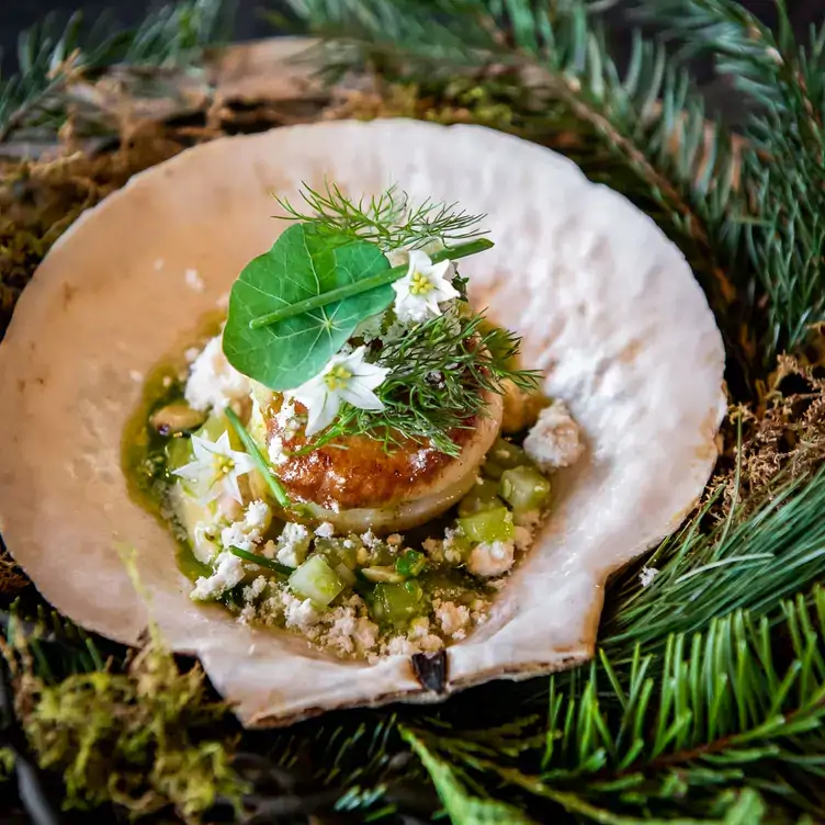 Scallop served in the shell with fresh herbs at Canoe Restaurant and Bar, one of Toronto’s best restaurants.