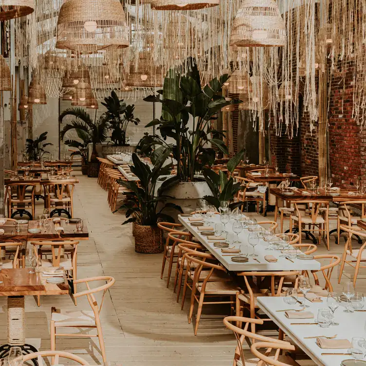 A large terrace with long tables, various plants and hanging decorations at Bazart, one of the best Greek restaurants in Montreal.